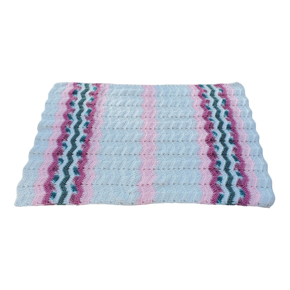 Handmade Crochet Afghan Baby Crib Blanket Chevron White Pink Green Zig Zag 34x25